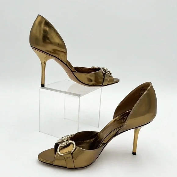 GUCCI WOMEN’S HORSE BIT OPEN TOE GOLD HEEL SZ 5.5 B - Picture 4 of 10